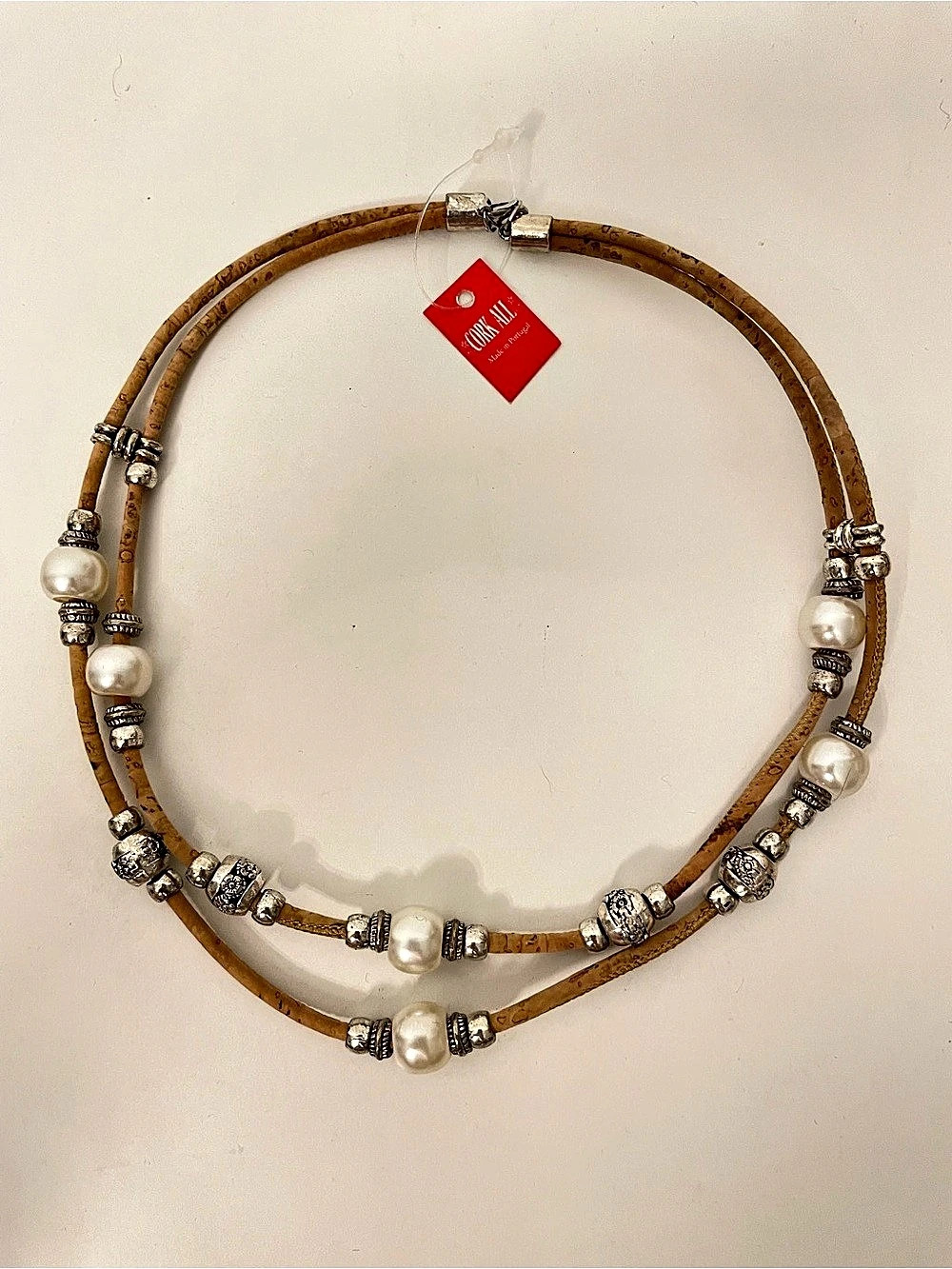 NWT CORK ALL Double Strand Cork & Faux Pearl Necklace